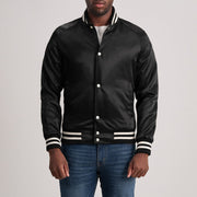 Xander Musta Varsity Nahkatakki Miehille in Black Satin - Front Profile View &amp; Tailored Silhouette | Buy Online