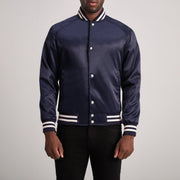 Xander Blue Varsity Nahkatakki Miehille in Blue Satin - Front Profile View &amp; Tailored Silhouette | Buy Online
