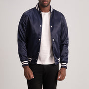 Xander Blue Varsity Nahkatakki Miehille - Lateral Side Profile View Showing Sleeve Cut &amp; Athletic Taper Fit