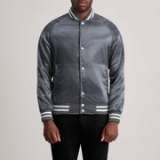 Xander Grey Varsity Nahkatakki Miehille in Grey Satin - Front Profile View &amp; Tailored Silhouette | Buy Online