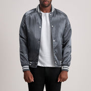 Xander Grey Varsity Nahkatakki Miehille - Lateral Side Profile View Showing Sleeve Cut &amp; Athletic Taper Fit