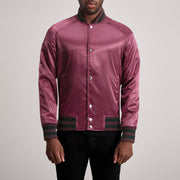 Xander Maroon Varsity Nahkatakki Miehille in Maroon Satin - Front Profile View &amp; Tailored Silhouette | Buy Online