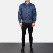 Men's Zack Sininen Nahkainen Pommitakki Miehille - Lateral Side Profile View Showing Sleeve Cut &amp; Athletic Taper Fit