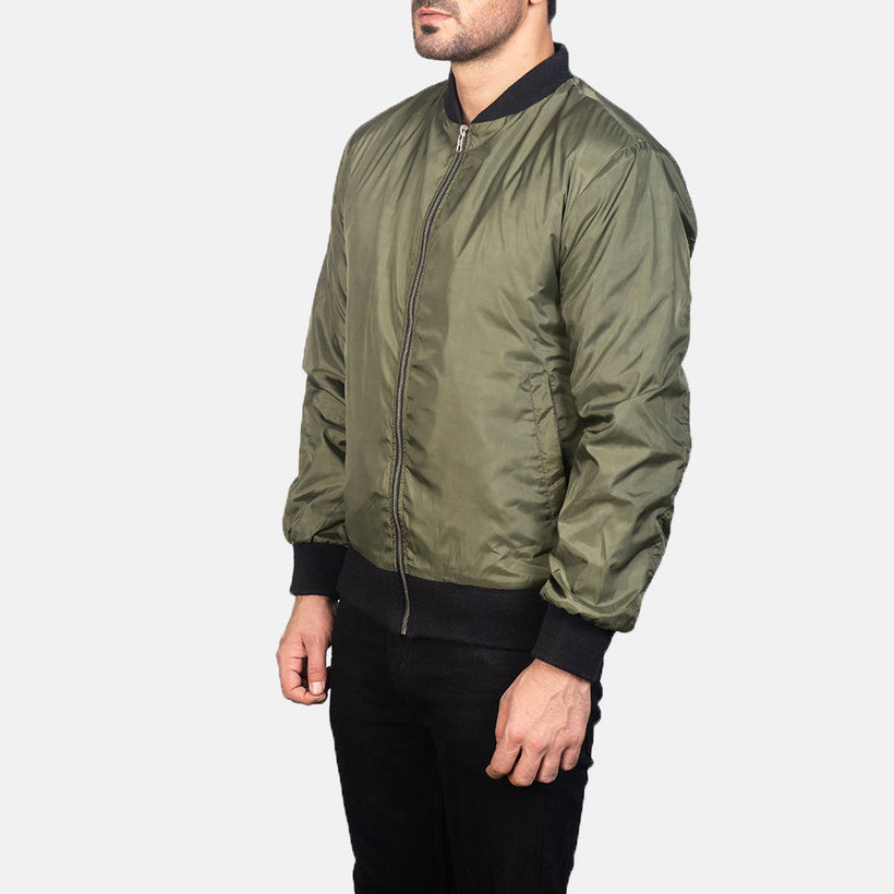 Green Nylon Bomber Jacket - Back View Showing Tailored Shoulder Fit & Clean Hemline