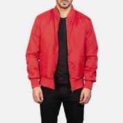 Men's Zack Red Nahkainen Pommitakki Miehille in Red Nylon - Front Profile View &amp; Tailored Silhouette | Buy Online