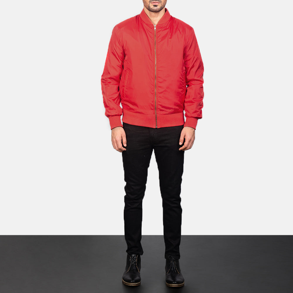 Men's Zack Red Nahkainen Pommitakki Miehille - Lateral Side Profile View Showing Sleeve Cut &amp; Athletic Taper Fit