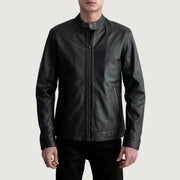 Zen Musta Nahkainen Biker-takki Miehille in Black Sheepskin Leather - Front Profile View &amp; Tailored Silhouette | Buy Online