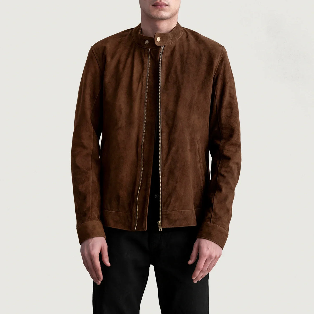 Zen Ruskea Suede Nahkainen Biker-takki Miehille in Brown Goatskin Suede - Front Profile View &amp; Tailored Silhouette | Buy Online
