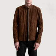 Zen Ruskea Suede Nahkainen Biker-takki Miehille in Brown Goatskin Suede - Front Profile View &amp; Tailored Silhouette | Buy Online