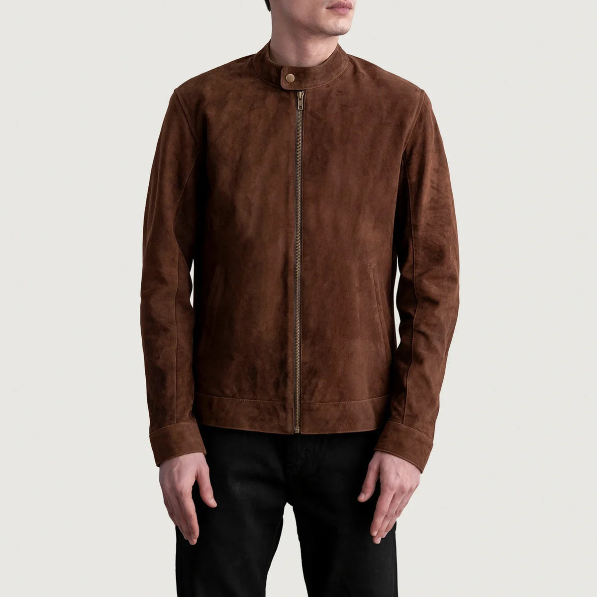 Zen Ruskea Suede Nahkainen Biker-takki Miehille - Lateral Side Profile View Showing Sleeve Cut &amp; Athletic Taper Fit