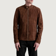 Zen Ruskea Suede Nahkainen Biker-takki Miehille - Lateral Side Profile View Showing Sleeve Cut &amp; Athletic Taper Fit
