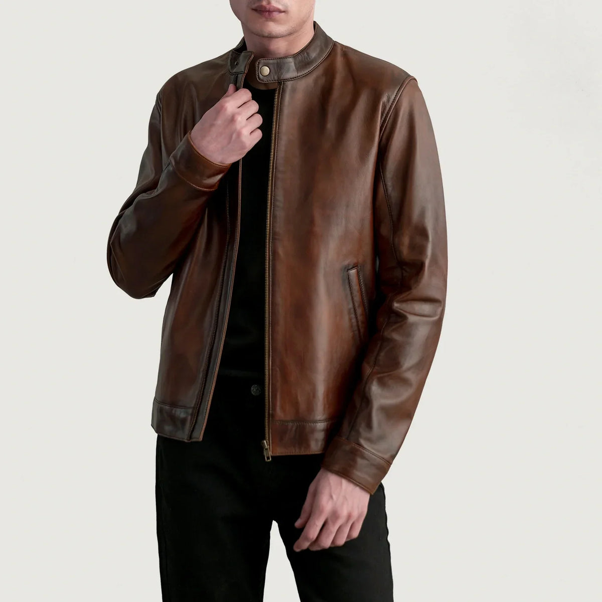 Zen Distressed Ruskea Nahkainen Biker-takki Miehille in Distressed Brown Sheepskin Leather - Front Profile View &amp; Tailored Silhouette | Buy Online