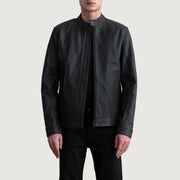 Zen Matte Musta Nahkainen Biker-takki Miehille in Matte Black Cowhide Leather - Front Profile View &amp; Tailored Silhouette | Buy Online