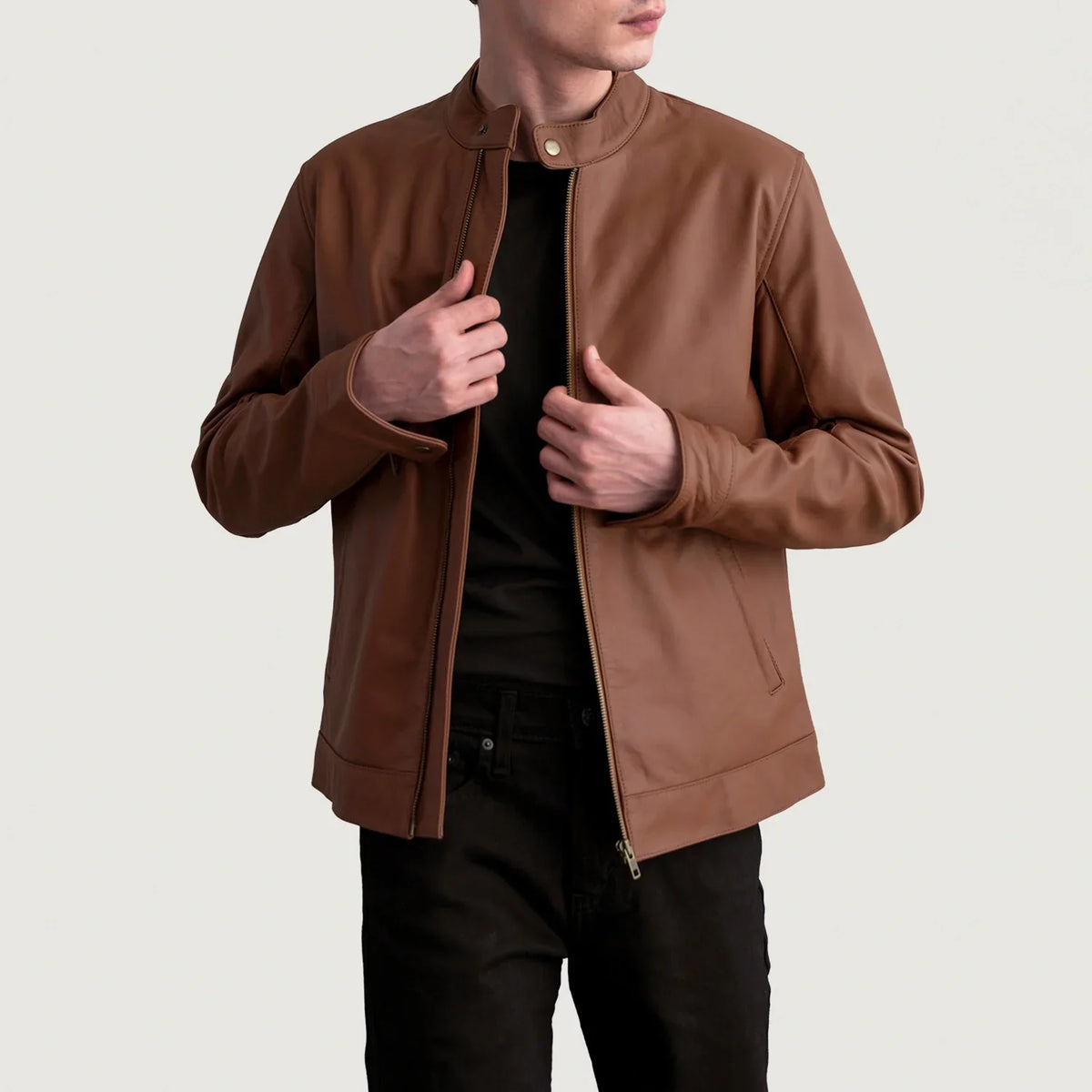 Zen Matte Ruskea Nahkainen Biker-takki Miehille in Matte Brown Cowhide Leather - Front Profile View &amp; Tailored Silhouette | Buy Online