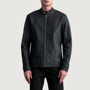 Zen Tumbled Musta Nahkainen Biker-takki Miehille in Tumbled Black Sheepskin Leather - Front Profile View &amp; Tailored Silhouette | Buy Online