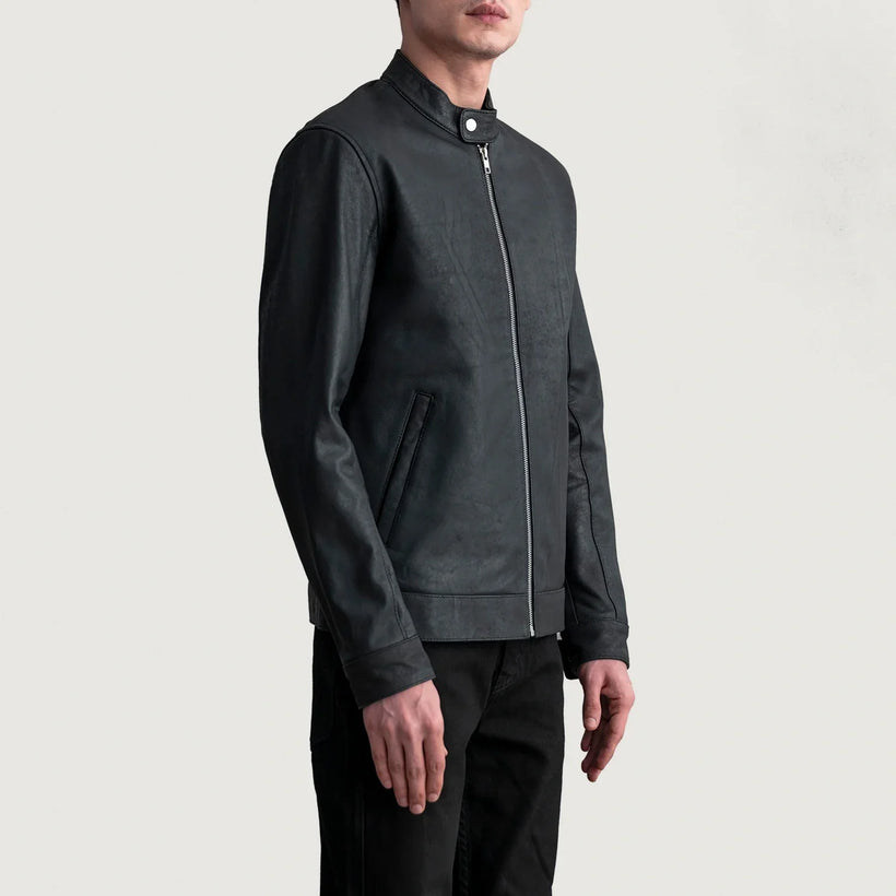 Zen Tumbled Musta Nahkainen Biker-takki Miehille