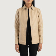 Women's Zenith Beige Leather Shirt Jacket in Beige Sheepskin Leather - Front Profile View &amp; Tailored Silhouette | Buy Online