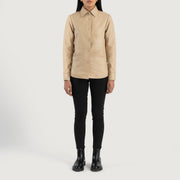 Women's Zenith Beige Leather Shirt Jacket - Lateral Side Profile View Showing Sleeve Cut &amp; Athletic Taper Fit