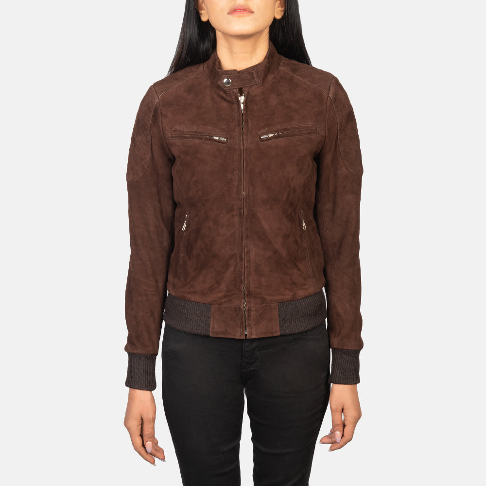 
Yksityiskohtainen lähikuva of Band with Snap Button & Zipper Hardware on Zenna Mocha Suede Bomber Jacket
